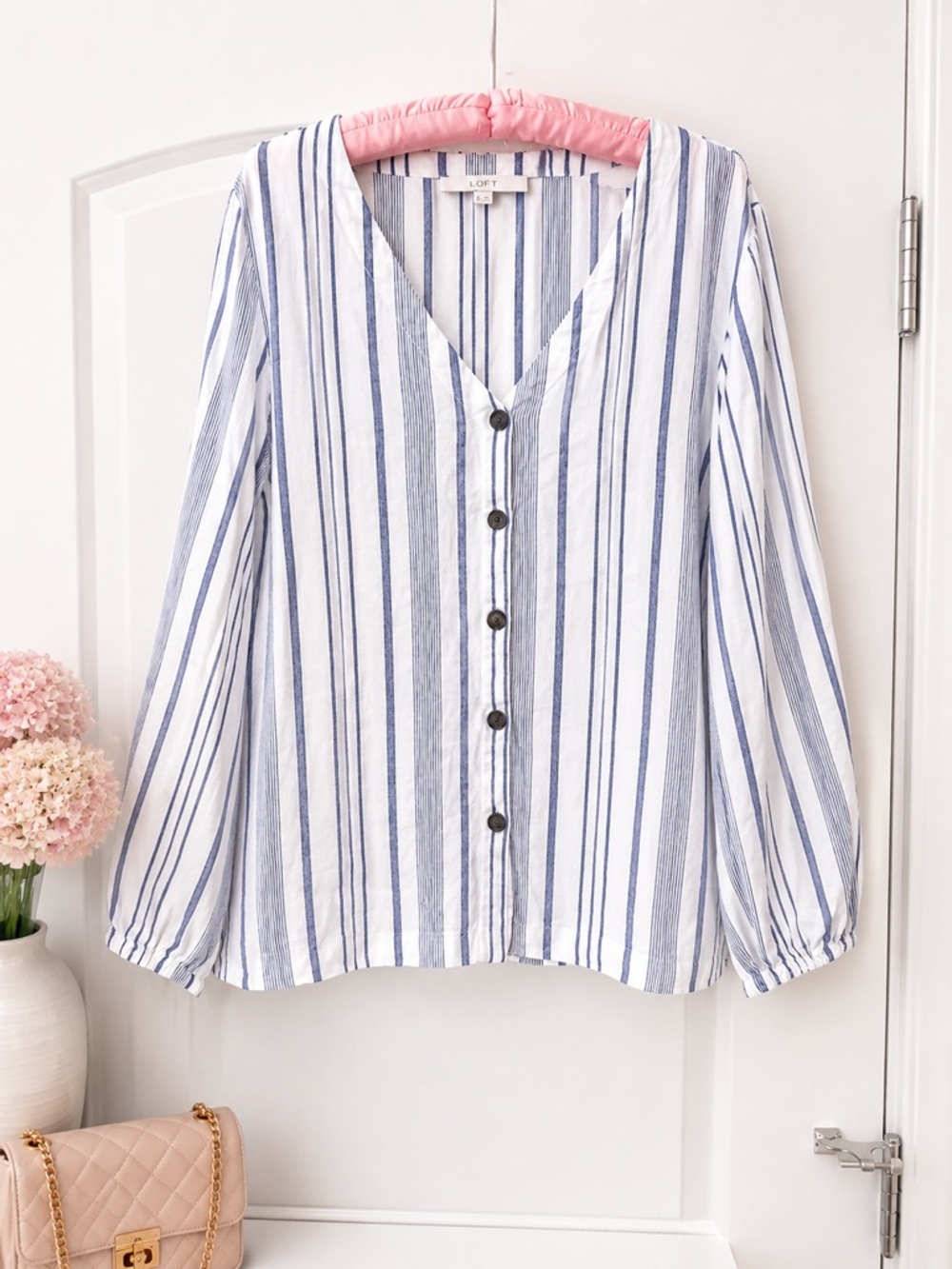 LOFT Striped Linen Blend Button Front Blouse Size M Blue White